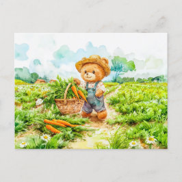 Teddy Bear Harvesting Carrots in a Field ポストカード