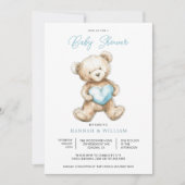 Teddy Bear Heart Boy Blue Baby Shower  招待状 (正面)