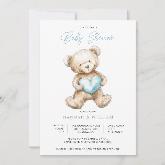 Teddy Bear Heart Boy Blue Baby Shower  招待状 (正面)