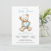 Teddy Bear Heart Boy Blue Baby Shower  招待状 (スタンド正面)