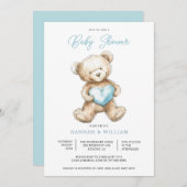 Teddy Bear Heart Boy Blue Baby Shower  招待状 (正面/裏面)