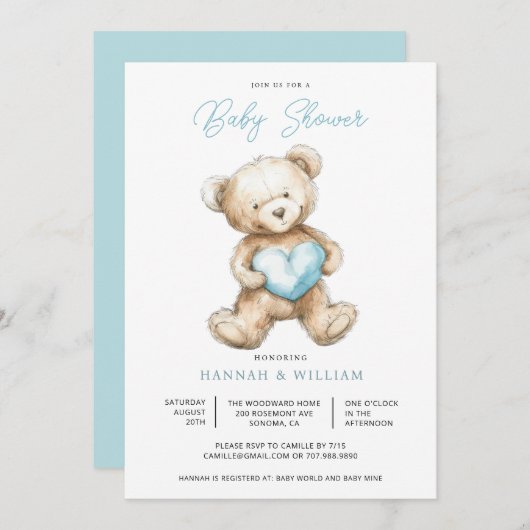 Teddy Bear Heart Boy Blue Baby Shower  招待状 (正面/裏面)
