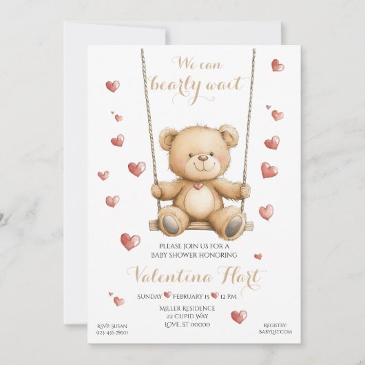Teddy Bear Hearts Baby Shower Invitation 招待状 (正面)