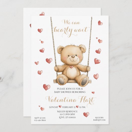 Teddy Bear Hearts Baby Shower Invitation 招待状 (正面/裏面)