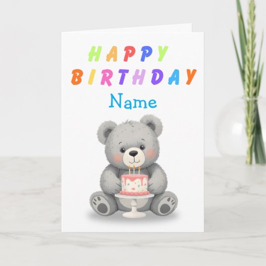 Teddy Bear Holding Birthday Cake Birthday Card カード (正面)