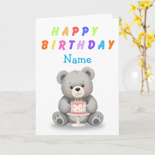 Teddy Bear Holding Birthday Cake Birthday Card カード (黄色い花)