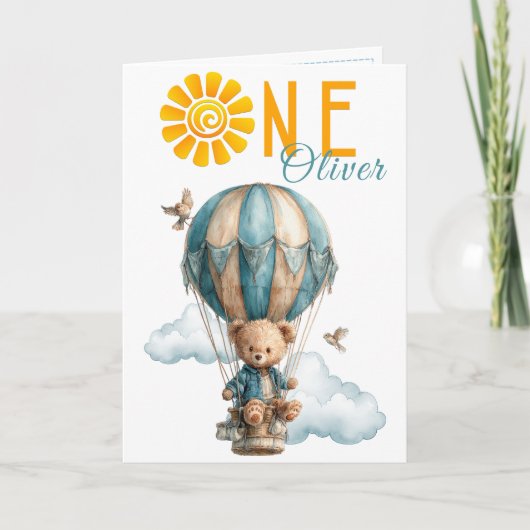Teddy Bear Hot Air Balloon 1st Birthday Card カード (正面)