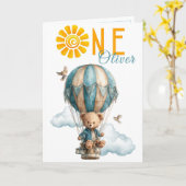 Teddy Bear Hot Air Balloon 1st Birthday Card カード (黄色い花)