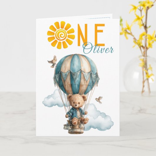 Teddy Bear Hot Air Balloon 1st Birthday Card カード (黄色い花)