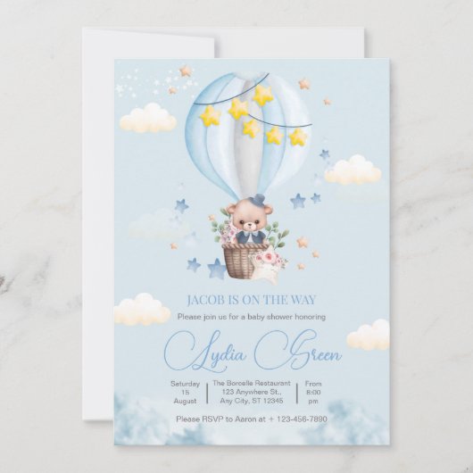 Teddy Bear Hot Air Balloon Bear Baby Shower Boy 招待状 (正面)