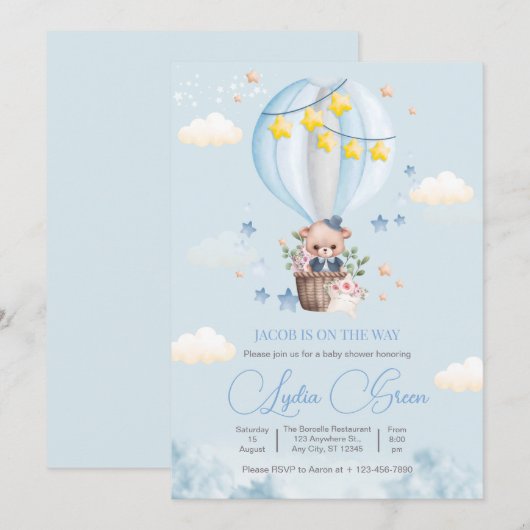 Teddy Bear Hot Air Balloon Bear Baby Shower Boy 招待状 (正面/裏面)