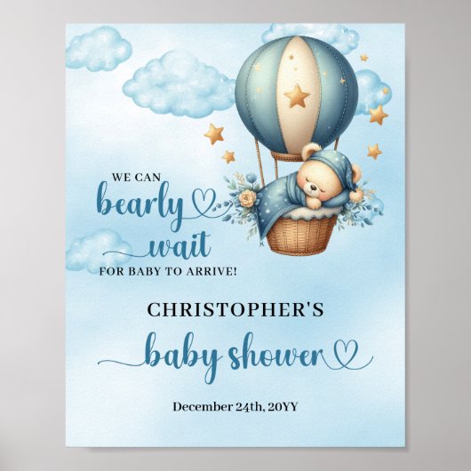 Teddy bear hot air balloon Boy Baby Shower welcome ポスター (正面)