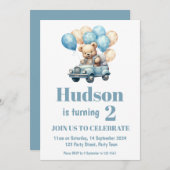 Teddy Bear in a Car Birthday Party招待 招待状 (正面/裏面)