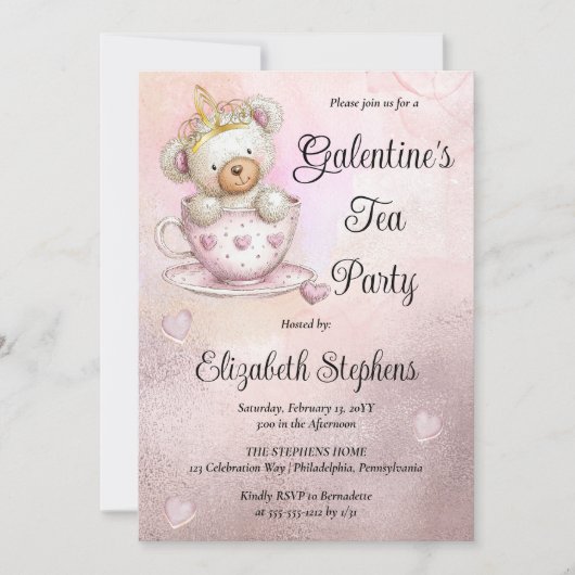 Teddy Bear in a Teacup Galantine's Tea Party 招待状 (正面)