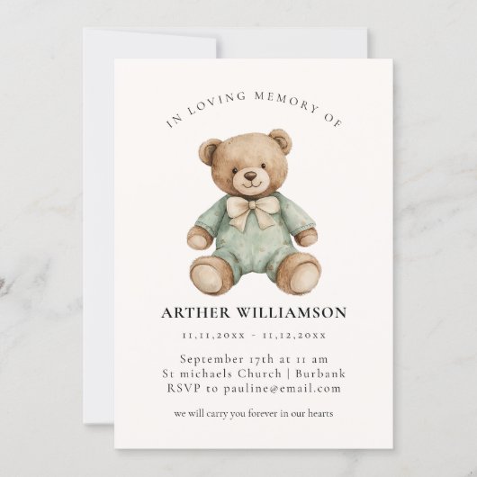 Teddy Bear "In Loving Memory" Child Memorial Card 招待状 (正面)