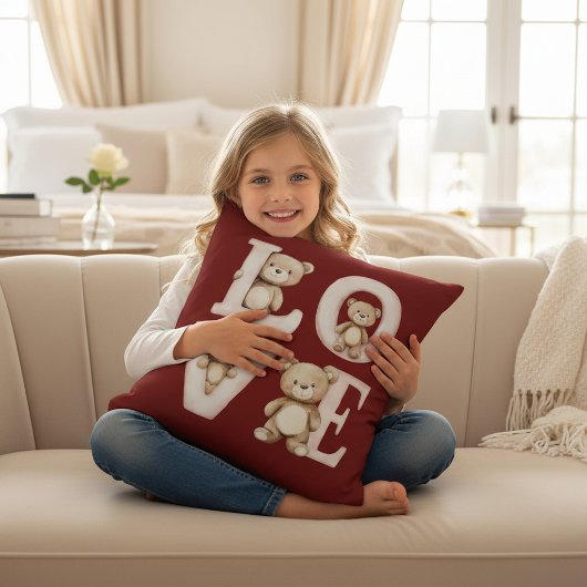 Teddy Bear "LOVE" Watercolor Valentine Design クッション