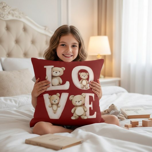 Teddy Bear "LOVE" Watercolor Valentine Design クッション