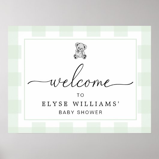 Teddy Bear Mint Green Gingham Welcome Sign Poster ポスター (正面)