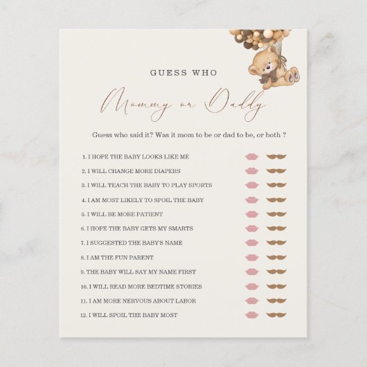 Teddy Bear MommyまたはDaddy Baby Showerゲーム (正面)