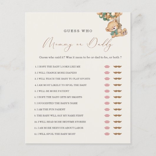 Teddy Bear MommyまたはDaddy Baby Showerゲーム (正面)