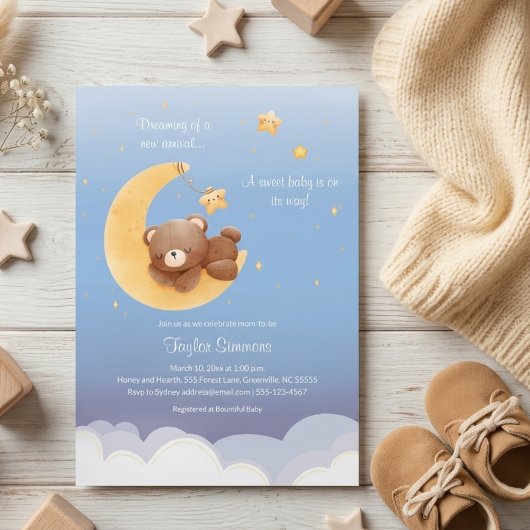 Teddy Bear Moon Dreamy Soft Blue Baby Shower 招待状