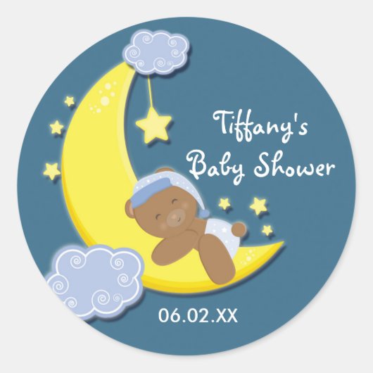 Teddy Bear Moon & Stars Baby Shower Blueステッカー ラウンドシール (正面)