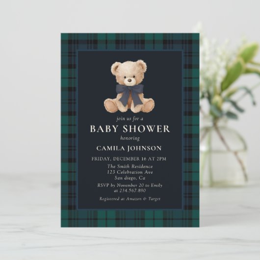 Teddy Bear Navy Plaid Baby Shower Invitation 招待状 (スタンド正面)