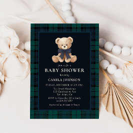 Teddy Bear Navy Plaid Baby Shower Invitation 招待状