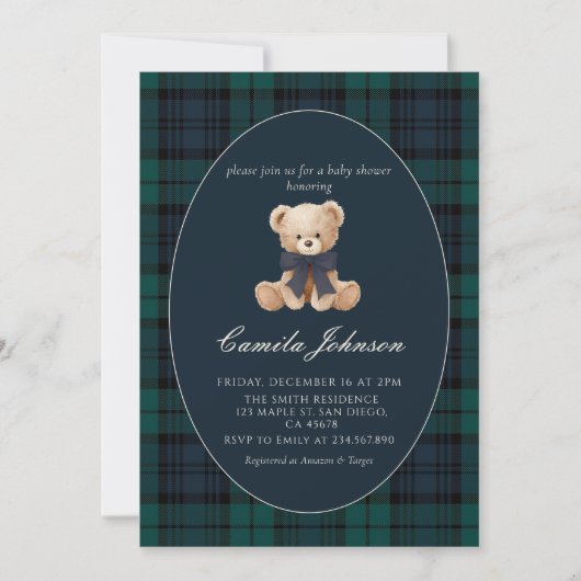 Teddy Bear Navy Plaid Baby Shower Invitation 招待状 (正面)