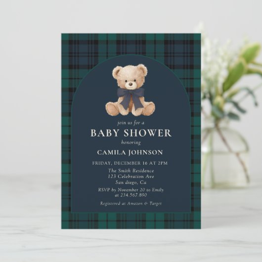 Teddy Bear Navy Plaid Baby Shower Invitation 招待状 (スタンド正面)