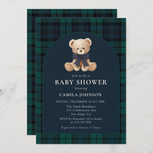 Teddy Bear Navy Plaid Baby Shower Invitation 招待状 (正面/裏面)