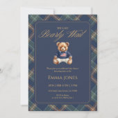 Teddy Bear Navy Tartan Plaid Classic Baby Shower 招待状 (正面)