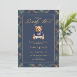 Teddy Bear Navy Tartan Plaid Classic Baby Shower 招待状