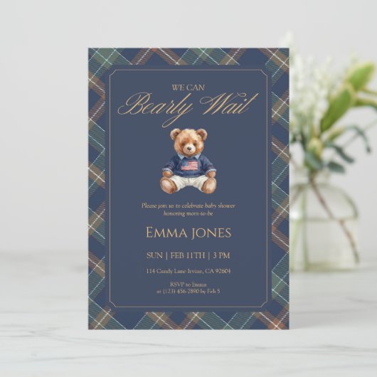 Teddy Bear Navy Tartan Plaid Classic Baby Shower 招待状 (スタンド正面)