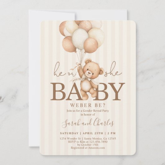 Teddy Bear Neutral Gender Reveal  招待状 (正面)