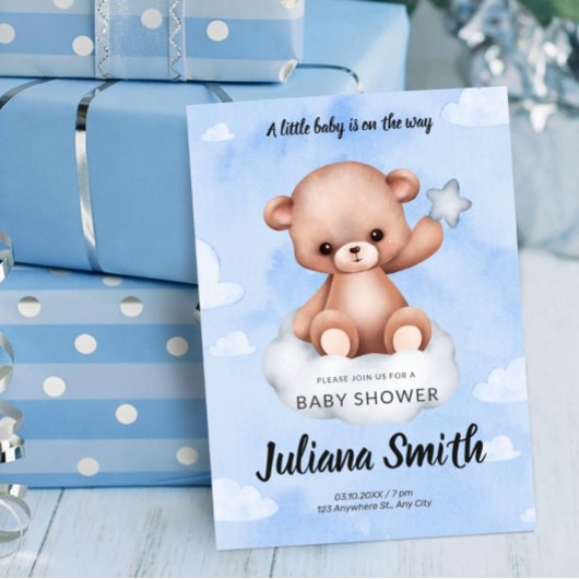 Teddy Bear on Cloud Watercolor Blue Baby Shower 招待状
