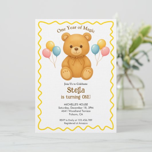 Teddy Bear One Year of Magic First Birthday  招待状 (スタンド正面)