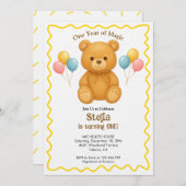 Teddy Bear One Year of Magic First Birthday  招待状 (正面/裏面)