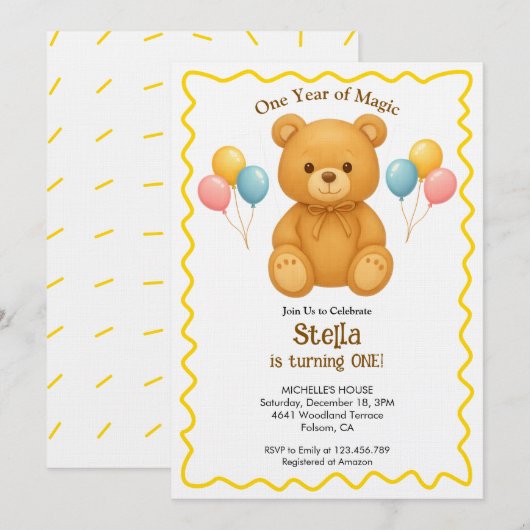 Teddy Bear One Year of Magic First Birthday  招待状 (正面/裏面)