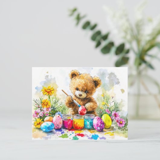 Teddy Bear Painting Easter Eggs ポストカード (スタンド正面)