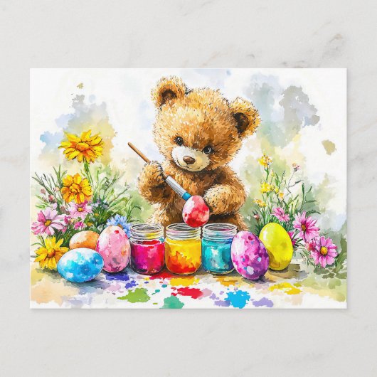  Teddy Bear Painting Easter Eggs ポストカード (正面)