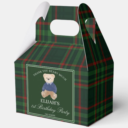 Teddy bear party favors green plaid personalized フェイバーボックス (正面)