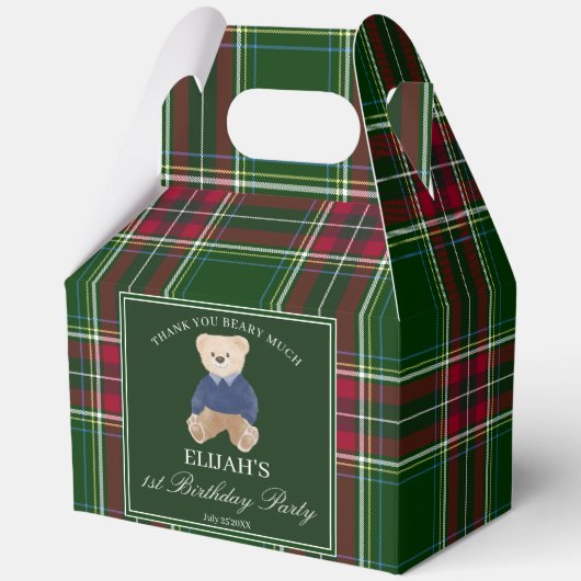 Teddy bear party favors green plaid personalized フェイバーボックス (正面)