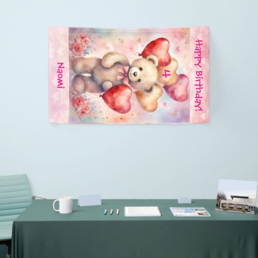 Teddy Bear Personalize Girl's Name & Age 横断幕 (トレードショー)