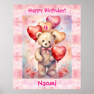 Teddy Bear Personalize Name Age Birthday Party ポスター