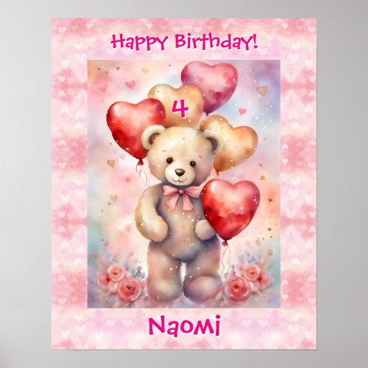Teddy Bear Personalize Name Age Birthday Party ポスター (正面)