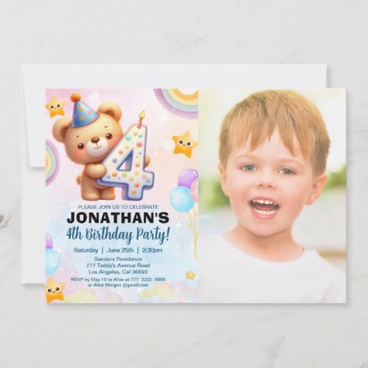 Teddy Bear Photo Birthday 4th for boy's 招待状 (正面)