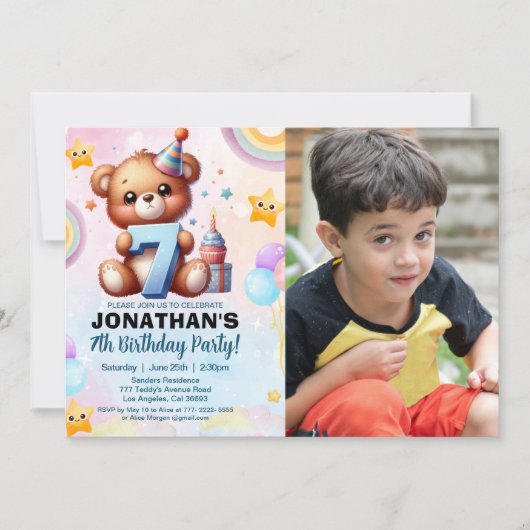 Teddy Bear Photo Birthday 7 招待状 (正面)