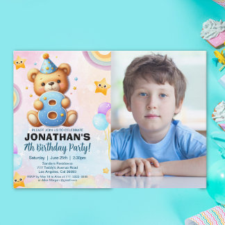 Teddy Bear Photo Birthday 8 for Boys 招待状