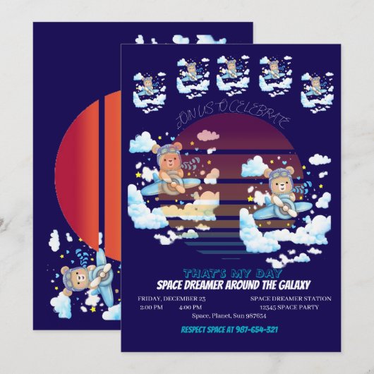 Teddy Bear Pilot Airplane Art 招待状 (正面/裏面)